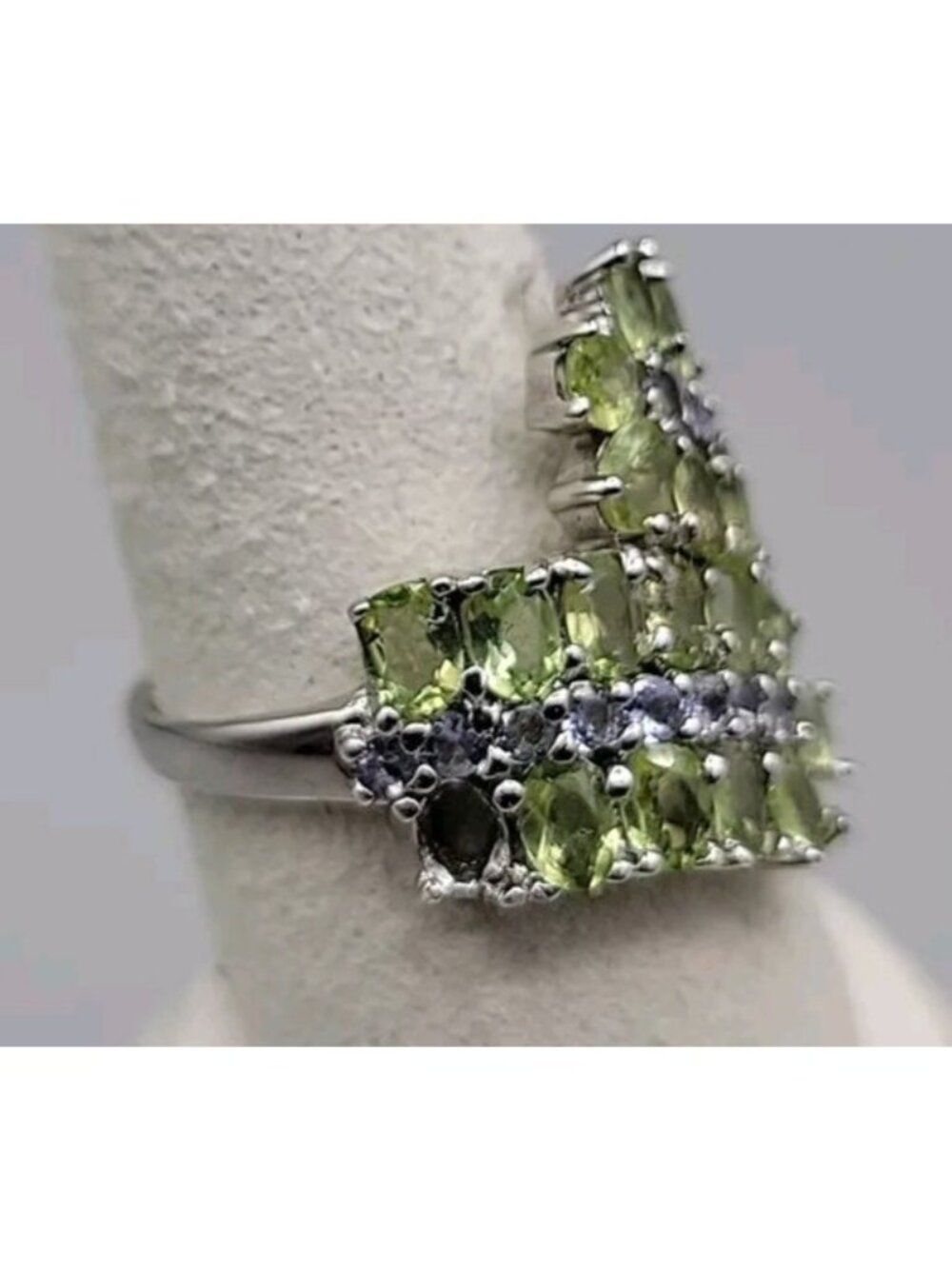 Sterling Silver 925 Peridot Tanzanite Bypass Cluster Ring 9 AS IS Missing Stone - Picture 5 of 14